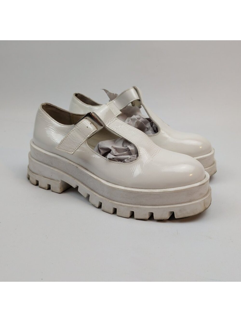Y2K l'intervalle Frat White Leather Chunky Sole Loafer T-Strap Mary-Jane Sz 37